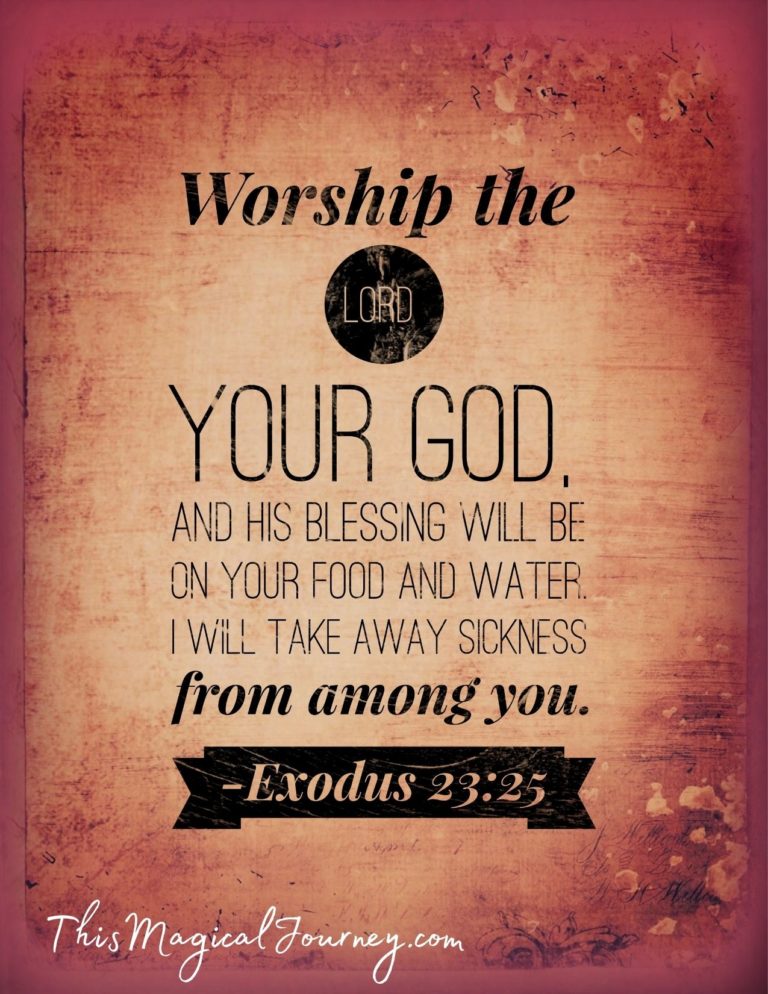 Exodus 23:25 NIV - Worship the LORD your God, and his blessing will be on your food and water. I will take away sickness from among you,