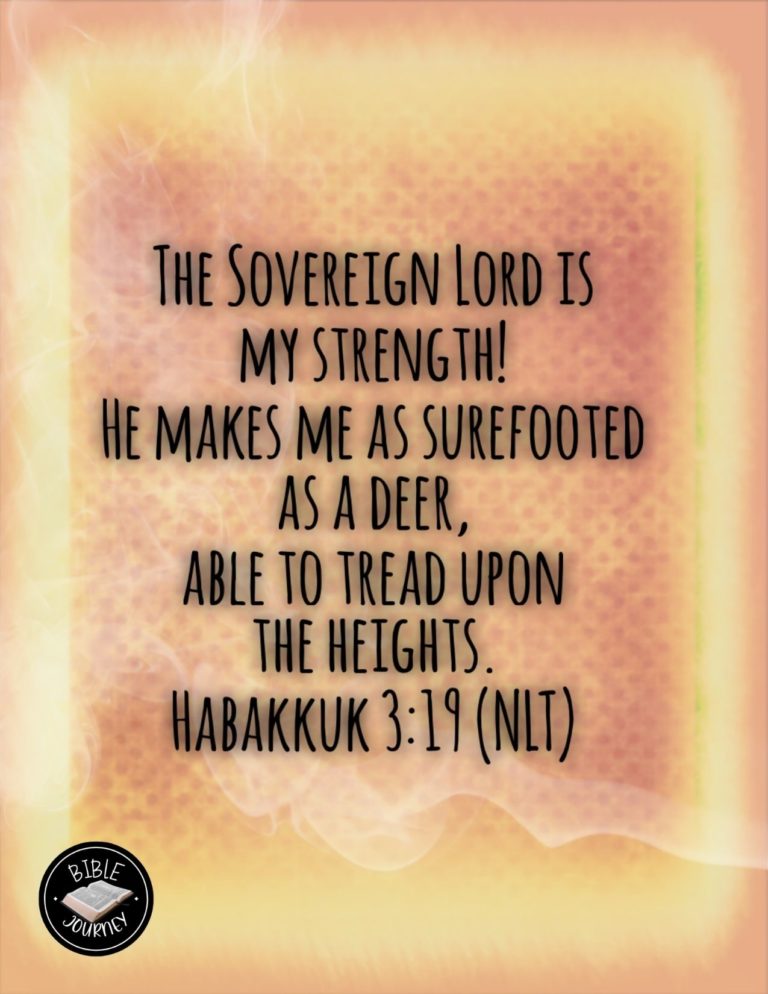 Habakkuk 3:19 NLT - The Sovereign LORD is my strength! He makes me as surefooted as a deer, able to tread upon the heights. (For the choir director: This prayer is to be accompanied by stringed instruments.)