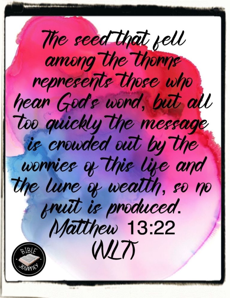 Matthew 13:22 NLT - The seed that fell among the thorns represents those who hear God's word, but all too quickly the message is crowded out by the worries of this life and the lure of wealth, so no fruit is produced.