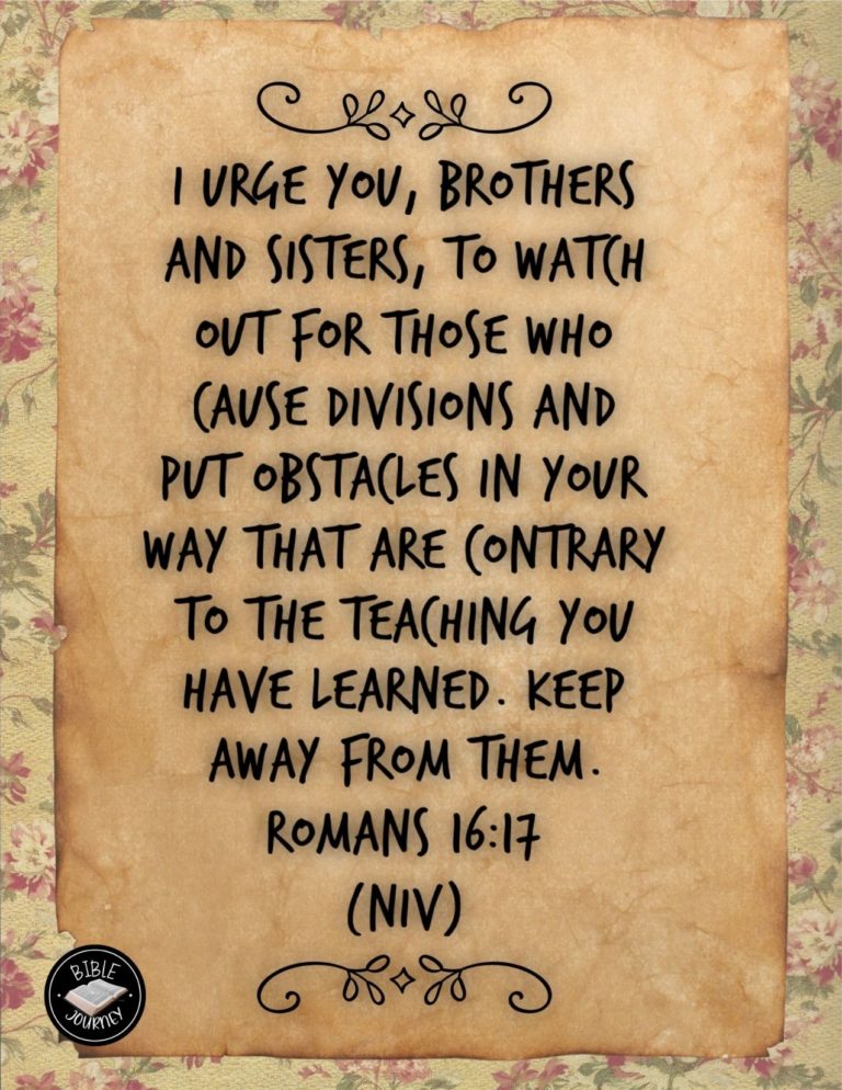 Romans 16:17 NIV - I urge you, brothers and sisters, to watch out for those who cause divisions and put obstacles in your way that are contrary to the teaching you have learned. Keep away from them.