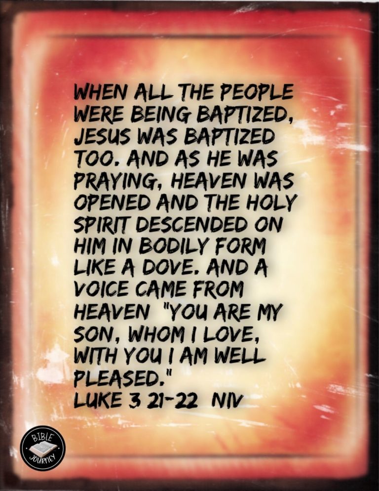 Luke 3:21-22 NIV - When all the people were being baptized, Jesus was baptized too. And as he was praying, heaven was opened and the Holy Spirit descended on him in bodily form like a dove. And a voice came from heaven: "You are my Son, whom I love; with you I am well pleased."