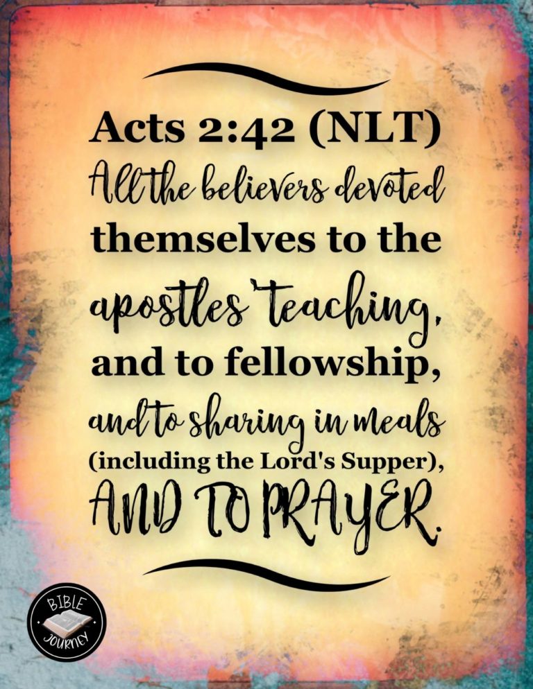 Acts 2:42 NLT - All the believers devoted themselves to the apostles' teaching, and to fellowship, and to sharing in meals (including the Lord's Supper), and to prayer.